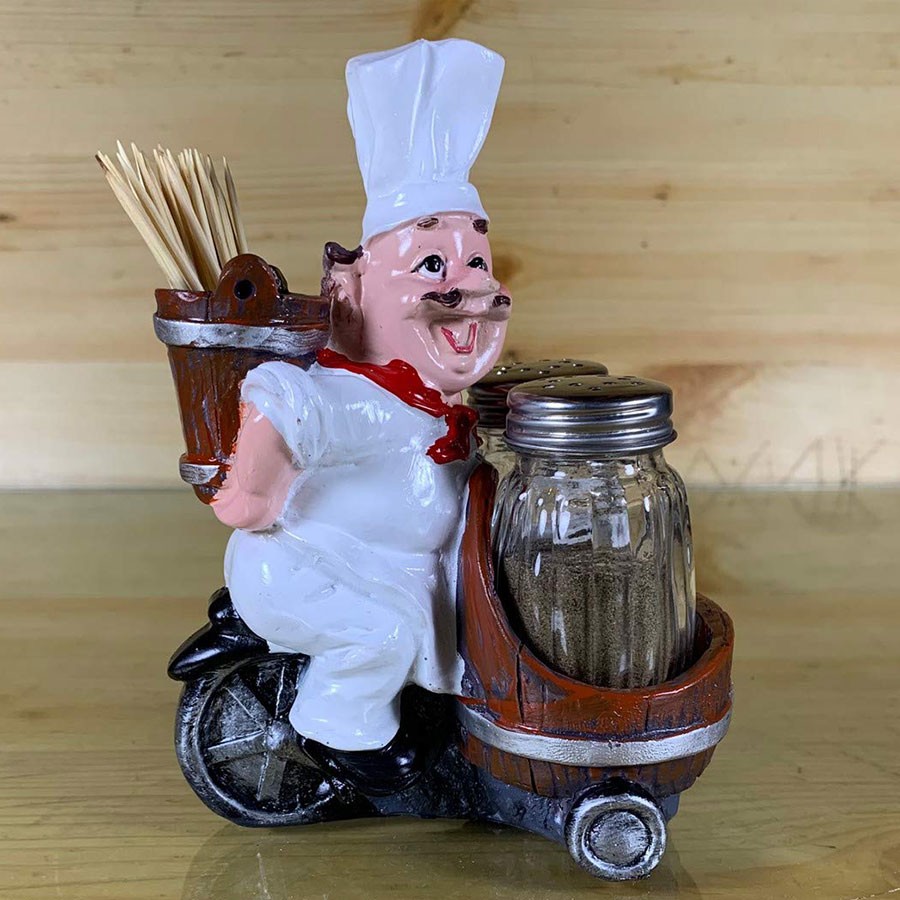  Fat Chef Salt Pepper Shakers with Toothpick Holder on Back Cycle Basket Holder