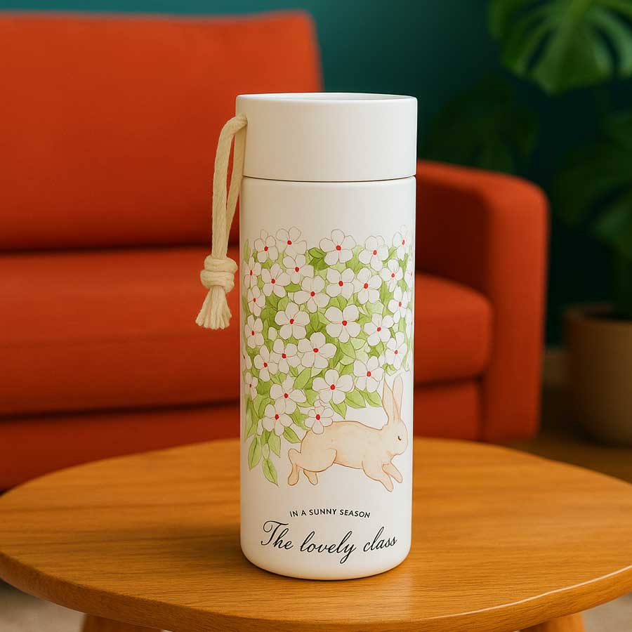 White Floral print glass water bottle